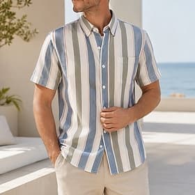 Men's Shirt Oxford Fabric Short Sleeve Shirt Khaki Stripe