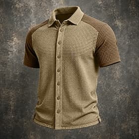 Men Shirt Waffle Shirt Casual Shirt Button Up Shirt Black Navy Blue khaki Military Green Gray Short Sleeve Plain Shirt Collar Casual Daily Front Pocket Clothin