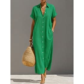 Women's Midi Dress Cotton Linen Dresses Shift Dress Basic Daily Loose Fit Plain Long Sleeve Shirt Collar Summer Spring Fall