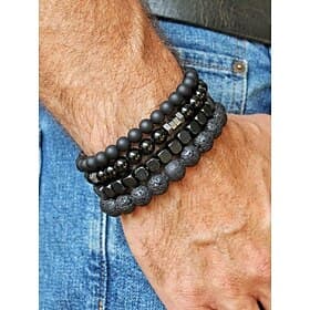 4-teiliges Boho-Armbandset für Herren aus Natursteinen – schwarzer Lavastein Matte, onyxfarbene Perlen-Armbänder aus Stretchmaterial – perfekt für Strand, Frei