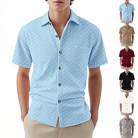 Men's Shirt Casual Shirt Button Up Shirt Jacquard Shirt Black White Burgundy Navy Blue khaki Short Sleeve Plain Shirt Collar Casual Daily Jacquard Clothing App
