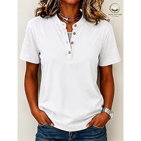 Damen 100% Baumwolle T Shirt T-Shirt Knopf vorne Einfach Stilvoll Klassisch Kurzarm Henley Normale Oberteile Lässig Täglich Wochenende Blau Schwarz Weiß Rosa G