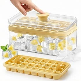 28/56 Grids One-Press Ice Cube Tray with Lid Bin, Easy-Release Ice Cube Maker with Scoop Storage Container, Leakproof Double Layer Reusable Ice Mold for Chil