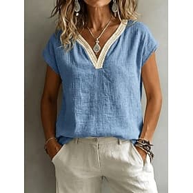 Women's Blouse Lace Tops Lace Solid Color Elegant Vintage Short Sleeve V Neck Regular Tops Casual Holiday Summer Sky Blue Apricot Grey Summer Spring