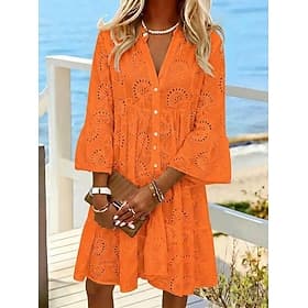 Damen Knielanges Kleid Weißes Kleid Sommerkleid Kleid mit Lochstickerei Mode Modern Strand Urlaub Ferien Lässiger Schnitt Blumen Langarm Stehkragen Weiß Gelb R