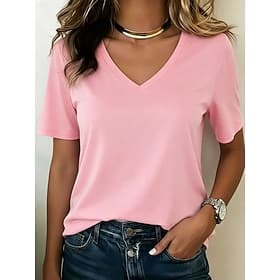 Femmes T-shirt Graphique Uni Élégant Classique Manche Courte Col en V Hauts Réguliers Occasionnel Plage Été Bleu Noir Rose Claire Vert Véronèse bleu marine Été
