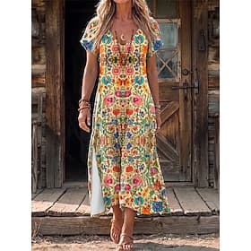 Women's Midi Dress Shift Dress Casual Regular Fit Floral Geometric Short Sleeve V Neck Pink Orange Summer Spring