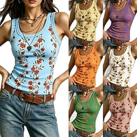 Women's Tank Top Texture Knit Floral Vacation Sleeveless Scoop Neck Regular Tops Casual White Yellow Pink Sky Blue Summer Spring