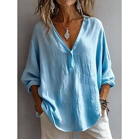 Femmes Chemises en coton et lin Froncé Couleur Unie Quotidien Basique Occasionnel manche longue Col en V Hauts Réguliers Quotidien Blanche Rose Claire Bleu Cie