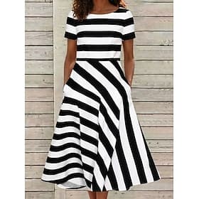 Women's Midi Dress Casual Dress Striped Dress A Line Dress Elegant Fashion Daily Vacation Regular Fit Striped Short Sleeve Crew Neck Blue Khaki Black Red Summe