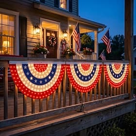 1pc LED Lighted USA Patriotic Bunting Banner, 250th Founding Anniversary Pleated Fan Flag, 3x6ft, USA 250th Anniversary 4th of July Outdoor Porch Railing Decor