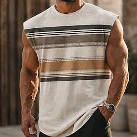 Men's Boho Striped Undershirt Sleeveless T shirt 3D Print Crew Neck Shirt Vacation Fashion Daily Holiday Blue Red Brown Spring Summer Clothing Apparel S M L X