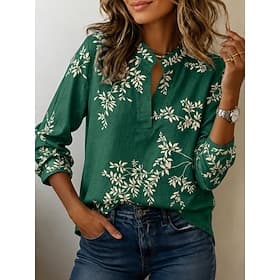 Women's Shirt Print Ombre Floral Graphic Vintage Stylish Long Sleeve V Neck Mandarin Collar Regular Tops Casual Daily Holiday White Light Green Dark Green Summ