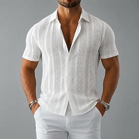 Men Shirt Casual Shirt Button Up Shirt Jacquard Shirt Black White Short Sleeve Plain Shirt Collar Casual Daily Mesh Clothing Apparel Elegant Fashion Casual
