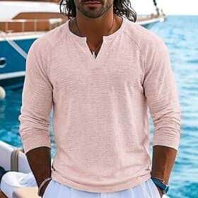 Homme T-shirt en lin manche longue Col en V Cranté Printemps Été Été Printemps Couleur Unie Uni ancien Bohème Occasionnel Transparent Manche raglan Occasionne