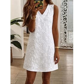 Femmes Mini robe Robe en dentelle blanche Élégant Mode Plage Vacances Fête Coupe régulière Fleuri Sans manches Col en V Blanche Été Printemps