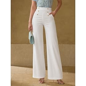 Women's Wide Leg Dress Pants Chinos Elegant Fashion Streetwear Full Length High Waist Plain Pocket Elastic Waist Comfortable Inelastic Daily Office Vacation Bl