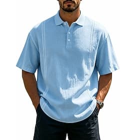 Hombre Camisa de lino Camisetas polo Casual Vacaciones Clásico Manga Corta Vacaciones Moda Plano Con Texturas Ligero Botones Verano Primavera Azul Piscina Negr