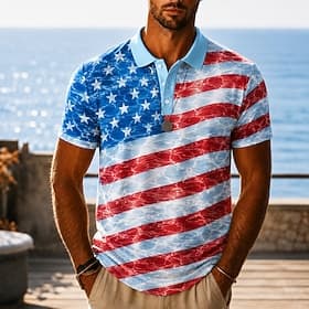 4th of July 2026 250th Men's American Flag Hawaiian Polo Shirts Short Sleeve Polo Shirts Lapel Business Casual Athleisure 3D Print Buttons Breathable Mesh Spri