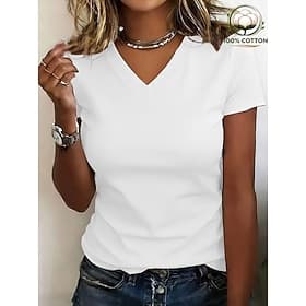 Women's 100% Cotton Stylish Basic Short Sleeve V Neck Regular Tops Casual Summer Blue Black White Yellow Pink Spring