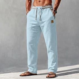 Men's Linen Pants Trousers Summer Pants Drawstring Elastic Waist Straight Leg Plain Comfort Comfortable Full Length Casual Daily Beach Vacation Fashion Blue Kh