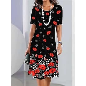 Women's Midi Dress Shift Dress T Shirt Dress Tee Dress Vacation Casual Formal Outdoor Beach Party Standard Fit Floral Graphic Short Sleeve Crewneck Black And W