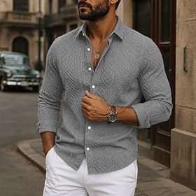 Men Shirt Texture Casual Shirt Button Up Shirt Jacquard Shirt Black White khaki Gray Light Blue Long Sleeve Plain Shirt Collar Casual Daily Clothing Apparel El