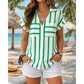 Femmes Chemise ancien Élégant Manche Courte Hauts Réguliers Occasionnel Bleu Kaki Rouge Vert Été Printemps