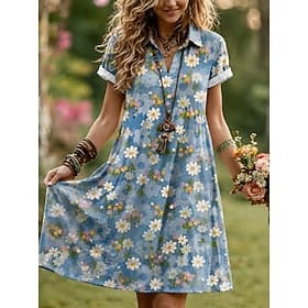 Women's Knee Length Dress A Line Dress Vacation Casual Boho Beach Regular Fit Floral Graphic Short Sleeve Lapel Blue Purple Summer Spring