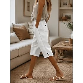 Femmes Coton et lin Pantalon capri Slacks Leggings Vacances Basique Occasionnel Longueur Genou Naturel Uni Avec Poches Conception à cordon élastique Confortabl