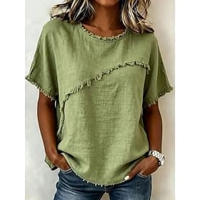 Femmes Elegant T-shirt Graphique Uni Élégant Manche Courte Col ras du cou Hauts Réguliers Occasionnel Plage Blanche Vert Claire Kaki Violet Été