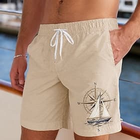 Men's Nautical Sailboat Swim Trunks Bathing Suits Swim Shorts Board Shorts Mid Waist Vintage Daily Beach Vacation Wear Side Pockets Mesh Lining Elastic Drawstr