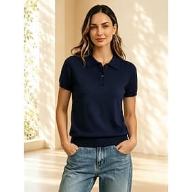 Damen Hemd T Shirt Poloshirts T-Shirt Einfarbig Vintage Stilvoll Klassisch Kurzarm Hemdkragen Normale Oberteile Lässig Weiß Muster Schwarz Grau Sommer Frühling