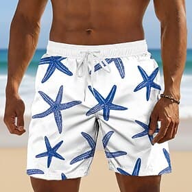 Men's Starfish Swim Trunks Bathing Suits Swim Shorts Board Shorts Mid Waist Hawaiian Daily Beach Vacation Wear Side Pockets Mesh Lining Elastic Drawstring Wais