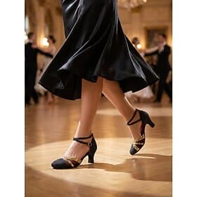 Women's Black Polka Dots Ballroom Dance Shoes – Elegant Closed Toe Latin Heels with Breathable Mesh Cross Ankle Strap for Waltz, Tango, Foxtrot Social Dancin