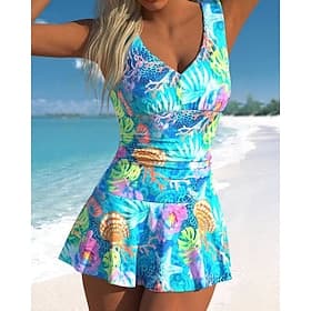 Women's Bathing Suit One Piece Swimsuit Swim Dress Ocean Printed V Neck Push Up UV Protection Lightweight Comfortable Sleeveless Swimwear Swimsuit Surfing Beac