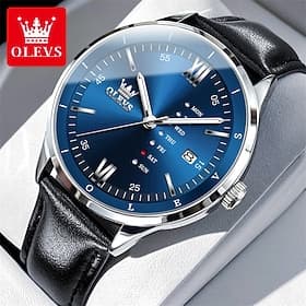 OLEVS Men's Luxury Watch Business Fashion Quartz Wristwatch Waterproof Leather Strap Blue Sunray Dial with Unique Day Date Display Luminous Hands Roman Numeral