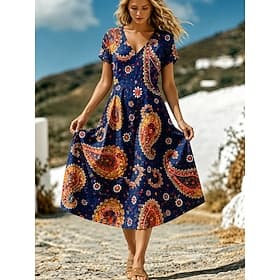 Women's Midi Dress Casual Dress Vacation Holiday Regular Fit Graphic Paisley Short Sleeve V Neck Blue Pink Summer Spring