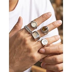Boho-Vintage-Ringset für Herren – 5-teiliges geometrisches Ringset aus Silberlegierung mit Strasssteinen, ethnisch inspirierte, stapelbare Knöchelringe für Rei