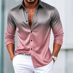 Men's Shirt Satin Shirt Dress Shirt Button Up Shirt Prom Shirt Gradient Wedding Formal Light Pink Blue Orange Green Long Sleeve Turndown Spring All Seasons Clo