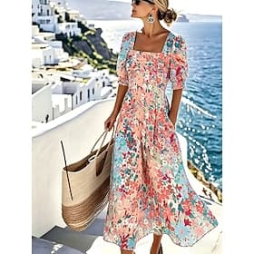 Women's Midi Dress Casual Dress A Line Dress Elegant Vacation Stylish Beach Holiday Regular Fit Floral Graphic Half Sleeve Crew Neck Blue Red Orange Summer Spr