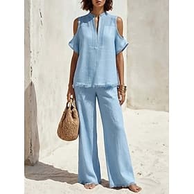 Women's Cotton Blend Two Piece Sets T Shirt Short Sleeve V Neck Plain Basic Casual Daily Vacation White Sky Blue Orange Summer Loose Fit