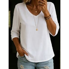 Women's T Shirt Solid Color Stylish Classic 3/4 Length Sleeve V Neck Long Tops Casual Blue Black White Light Green Pink Summer Spring