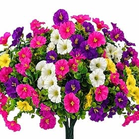 8 Bundles Artificial Flowers for Outdoors, Fake Plastic Morning Glory Petunias Plant, Faux Colorful Silk for Outside Planter Garden Front Porch Door Spring Sum
