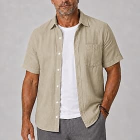 Men Linen Shirt Summer Shirt Beach Shirt Button Up Shirt Plain Casual Daily Blue Black Khaki Short Sleeve Collar Summer Spring Fall Clothing Apparel Pocket