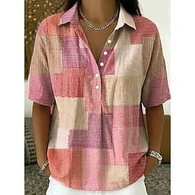 Women's Shirt Buttons Print Graphic Geometric Vintage Daily Stylish Short Sleeve Turndown Long Tops Casual Daily Holiday Pink Summer Spring