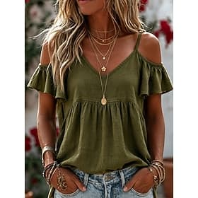 Women's Shirt Blouse Solid Color Plain Elegant Bohemia Sleeveless Short Sleeve Ruffle Sleeve V Neck Long Tops Casual Beach Weekend Blue Khaki Black Green Beige