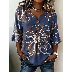 Women's Shirt Boho Shirt Casual Shirt Floral Graphic Elegant Bohemia Active 3/4 Length Sleeve V Neck Long Tops Casual Khaki Dark Blue Apricot Light Blue Summer