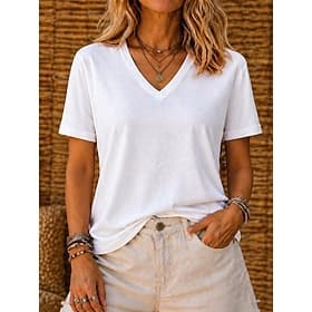 Women's 100% Cotton T Shirt Tee Top Solid Color Fashion Stylish Basic Short Sleeve V Neck Regular Tops Casual Daily Going out Blue Black White Light Green Pink