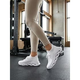 Women's White Breathable Knit Running Shoes – Lightweight Sock Walking Shoes with Shock Absorption Hollow Sole For Jogging, Gym, Fitness Activities All-Day We